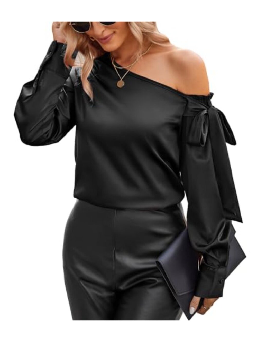Satin Off Shoulder Long Sleeve Blouse Bow Tie Office Work Tunic Top